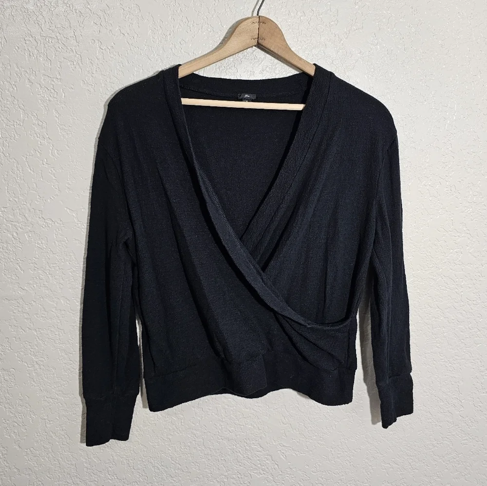 J. Crew Solid Black Faux Wrap Cotton Top